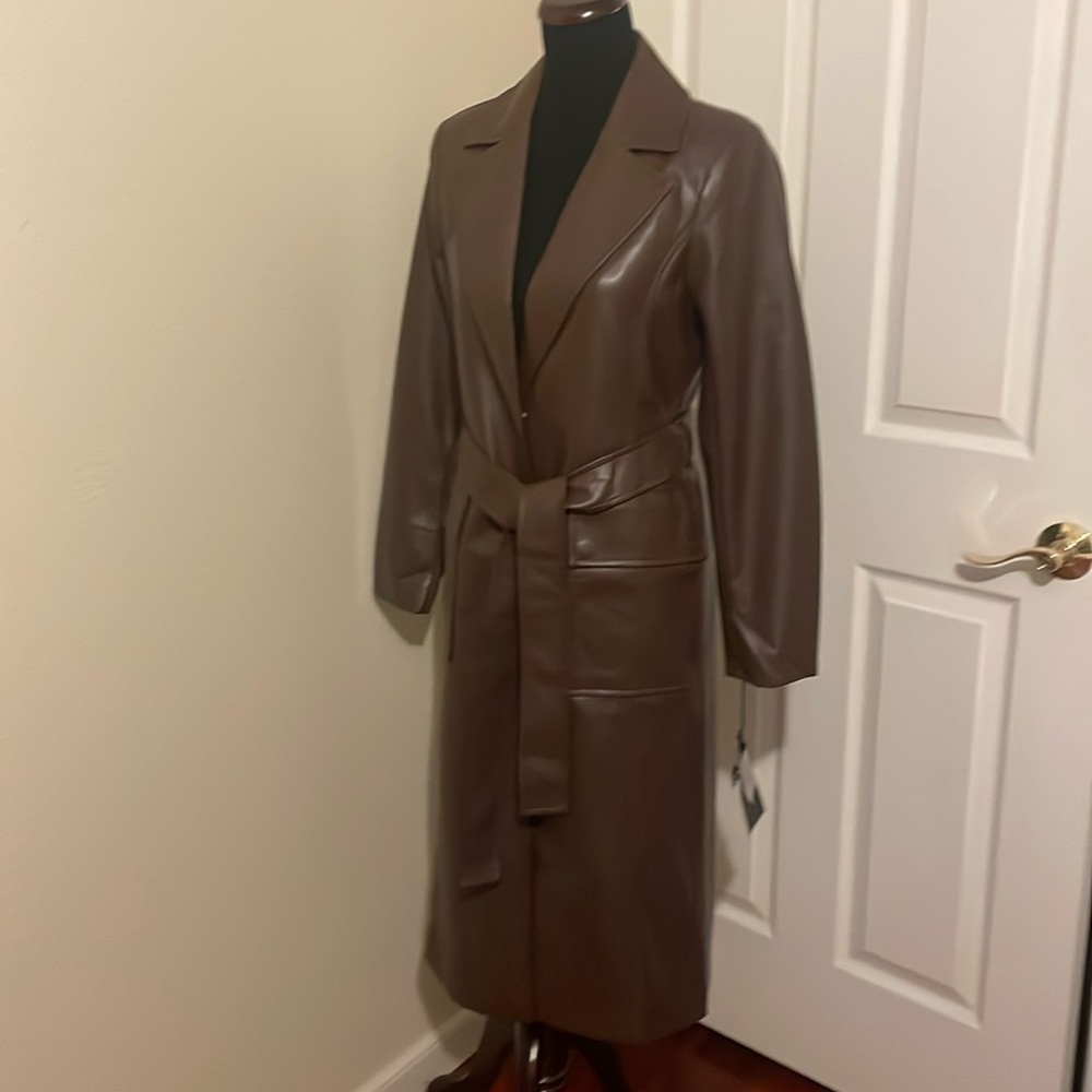 New Bagatelle New York Chocolate Brown Faux Leather Trench Coat - Picture 3 of 16